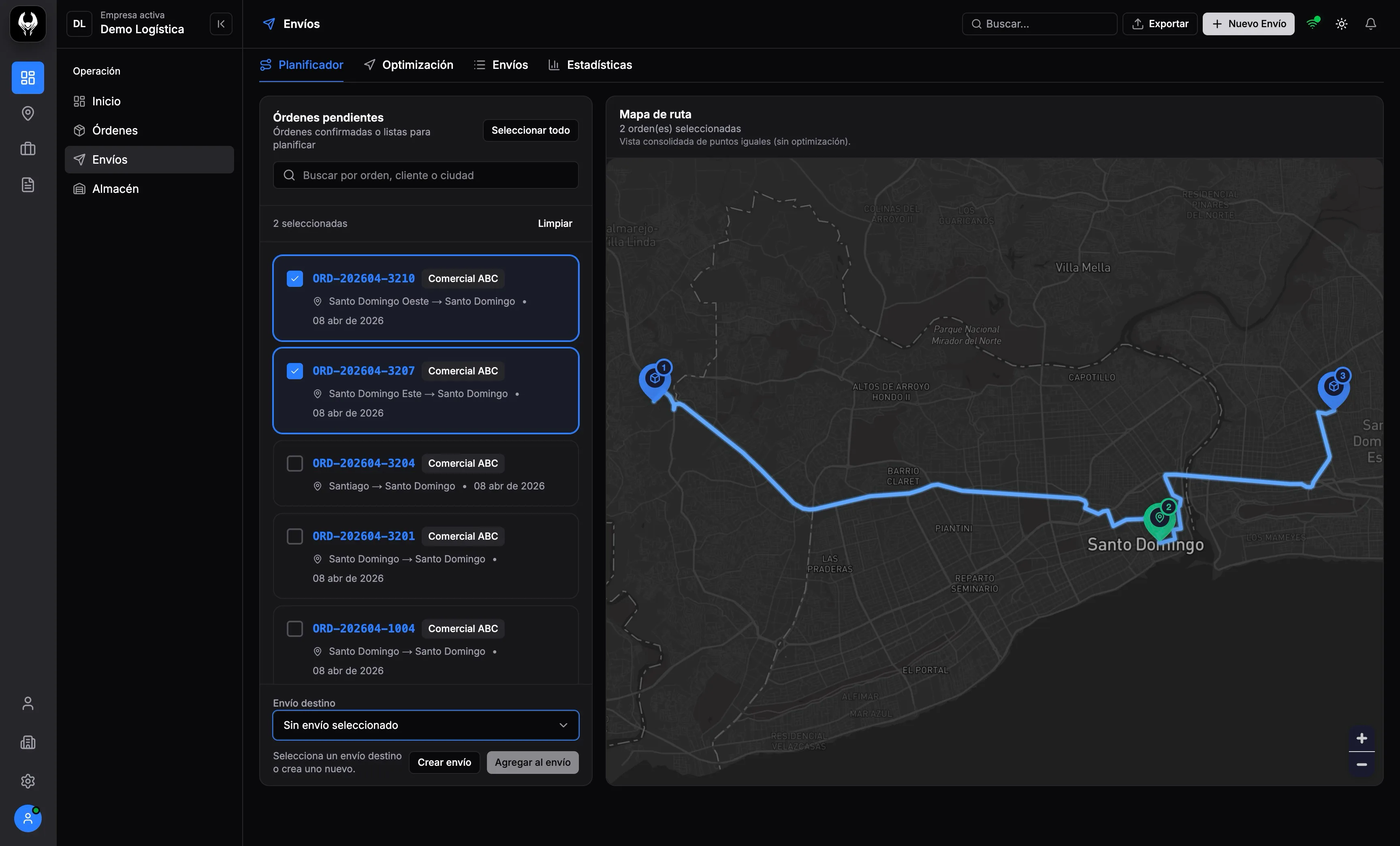 Dashboard de Heimdalr con planificación de envíos y mapa de ruta